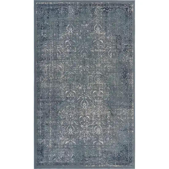 Blue Silver Gray And Cream Damask Distressed Stain Resistant Area Rug Photo 1