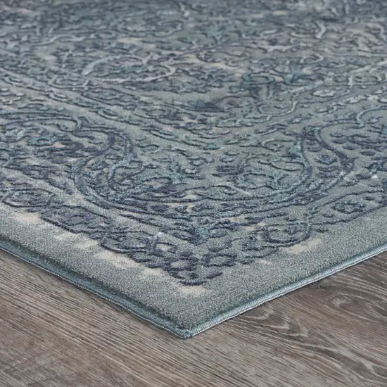 Blue Silver Gray And Cream Damask Distressed Stain Resistant Area Rug Photo 4