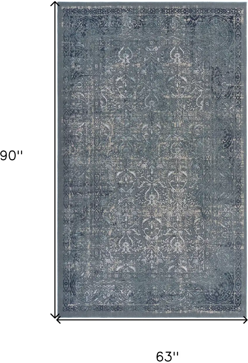 Blue Silver Gray And Cream Damask Distressed Stain Resistant Area Rug Photo 8
