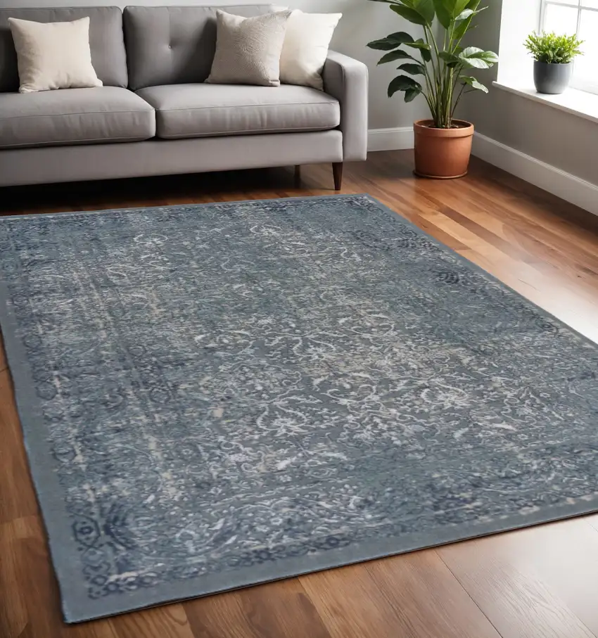Blue Silver Gray And Cream Damask Distressed Stain Resistant Area Rug Photo 1
