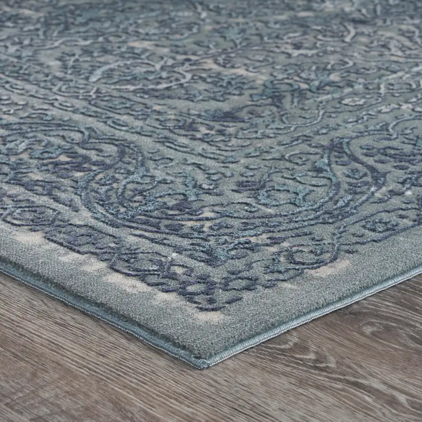 Blue Silver Gray And Cream Damask Distressed Stain Resistant Area Rug Photo 4