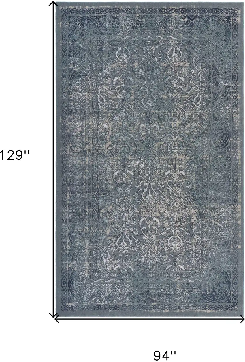 Blue Silver Gray And Cream Damask Distressed Stain Resistant Area Rug Photo 8