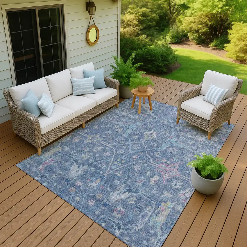 Blue Sky Blue And Ivory Floral Washable Indoor Outdoor Area Rug Photo 7