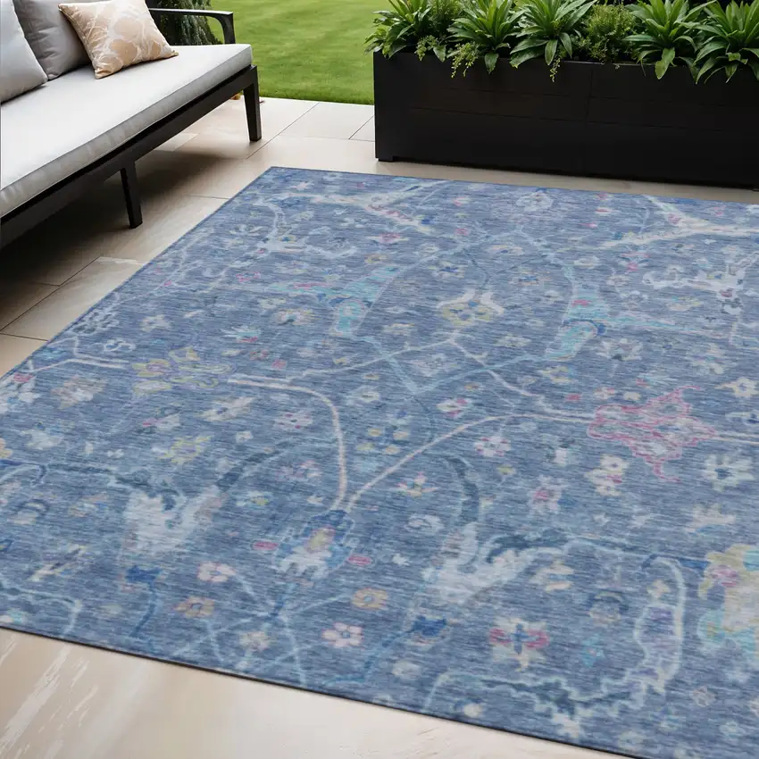 Blue Sky Blue And Ivory Floral Washable Indoor Outdoor Area Rug Photo 1