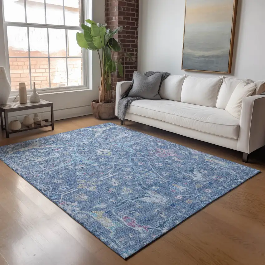 Blue Sky Blue And Ivory Floral Washable Indoor Outdoor Area Rug Photo 9