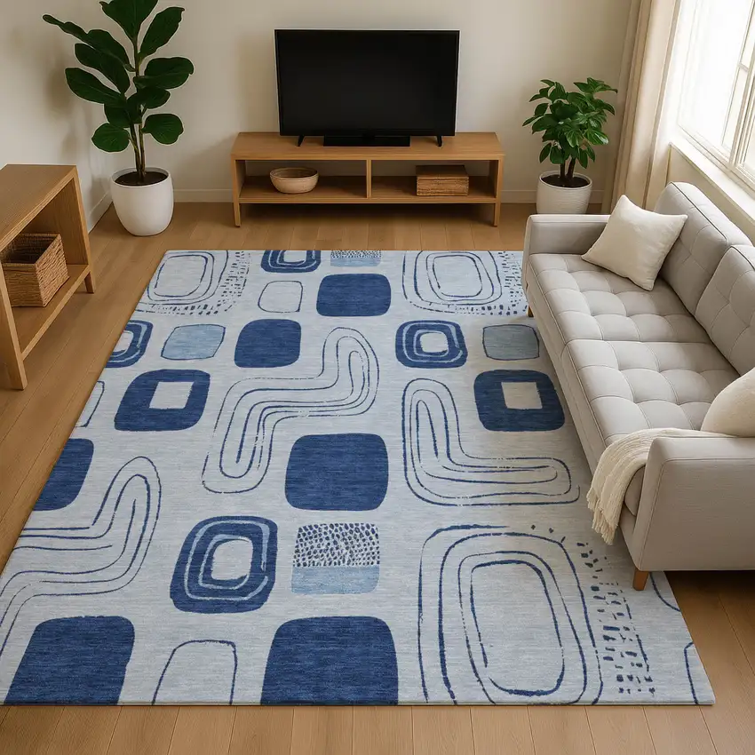 Blue Sky Blue And Ivory Geometric Washable Area Rug With UV Protection Photo 3