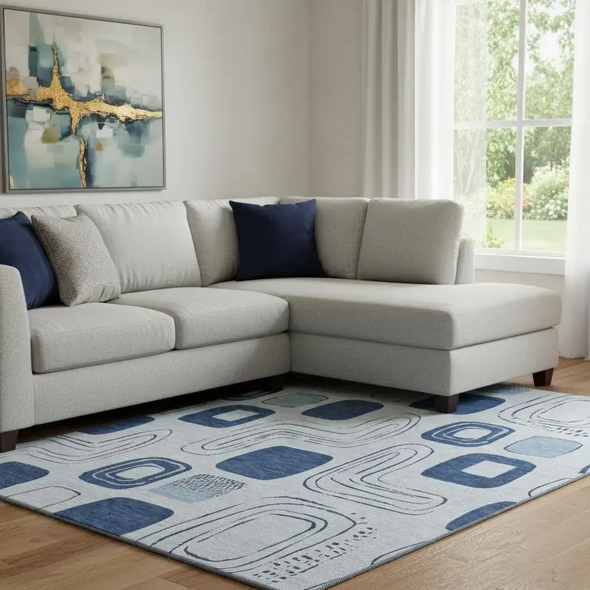 Blue Sky Blue And Ivory Geometric Washable Area Rug With UV Protection Photo 2
