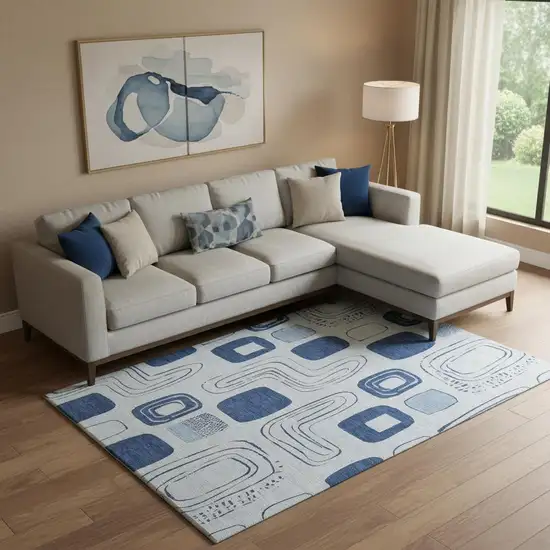 Blue Sky Blue And Ivory Geometric Washable Area Rug With UV Protection Photo 2