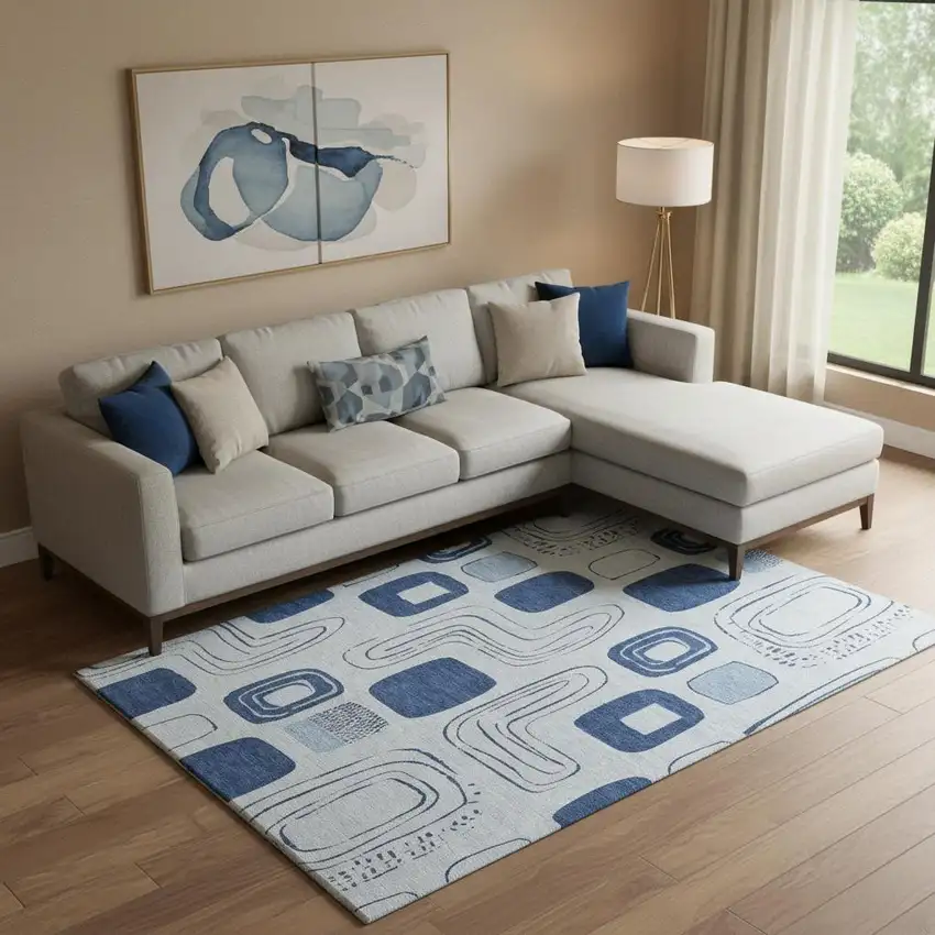 Blue Sky Blue And Ivory Geometric Washable Area Rug With UV Protection Photo 2
