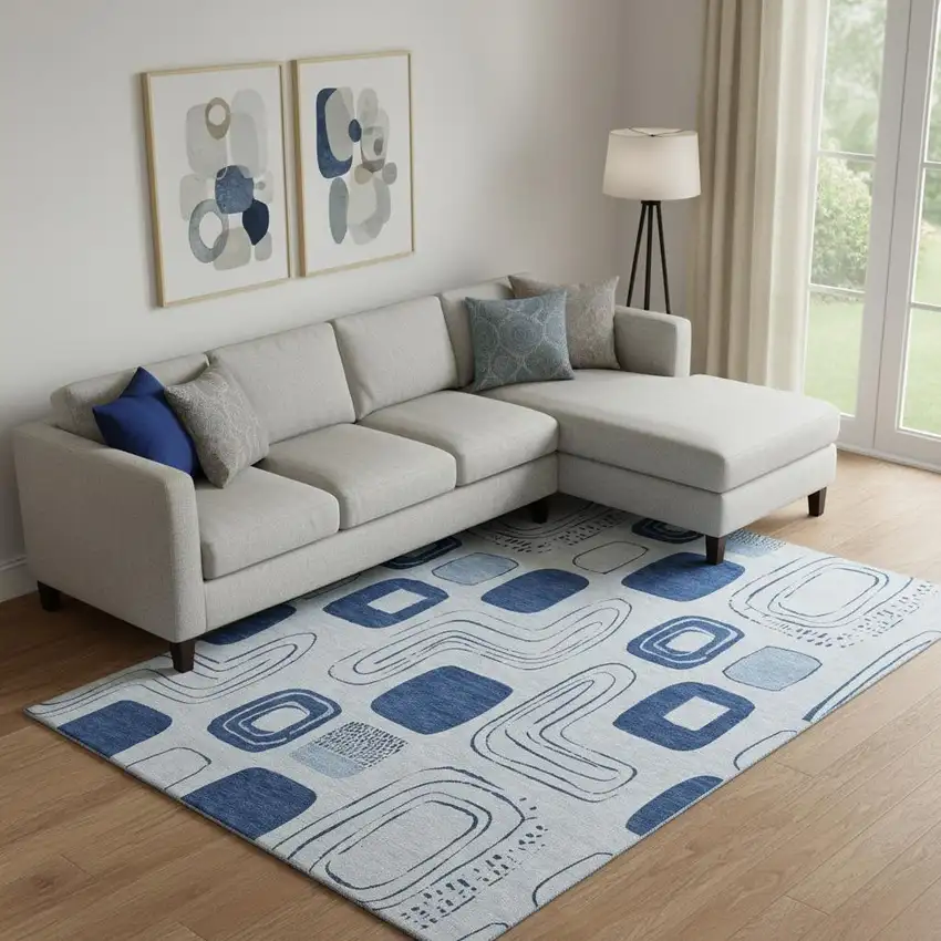 Blue Sky Blue And Ivory Geometric Washable Area Rug With UV Protection Photo 2