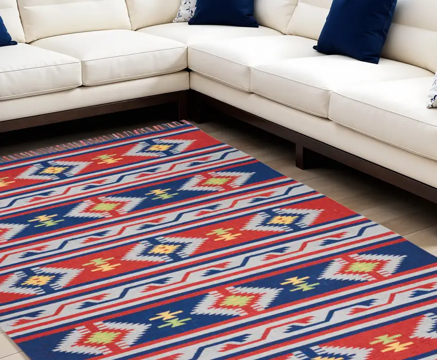 Blue Southwestern Handmade Area Rug With Fringe Photo 2