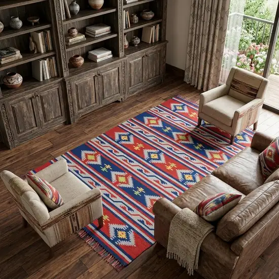 Blue Southwestern Handmade Area Rug With Fringe Photo 1