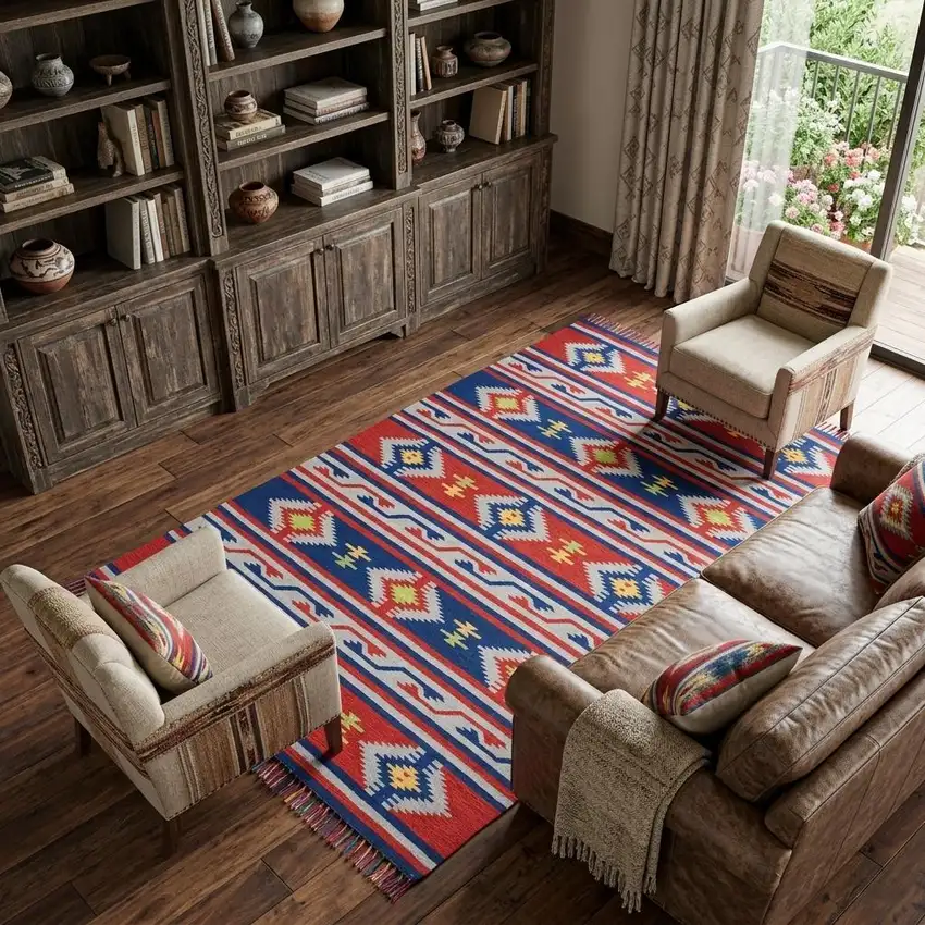 Blue Southwestern Handmade Area Rug With Fringe Photo 1