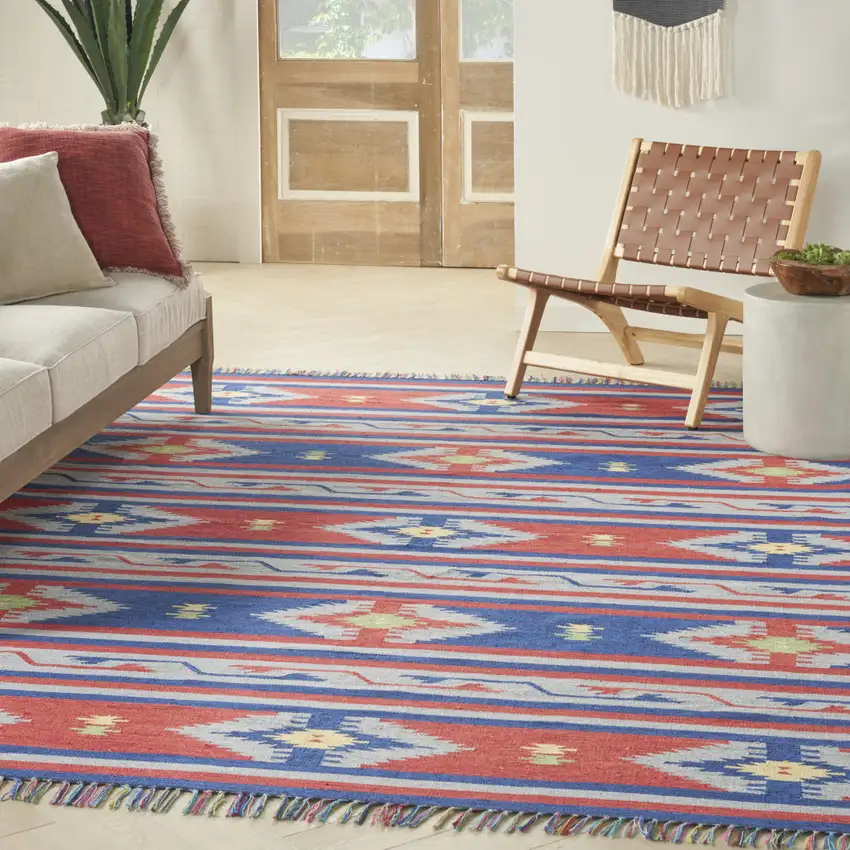 Blue Southwestern Handmade Area Rug With Fringe Photo 3
