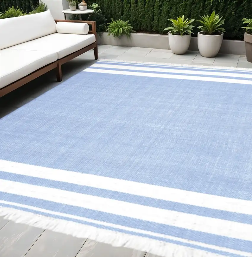 Blue Striped Handmade Stain Resistant Non Skid Indoor Outdoor Area Rug Photo 1