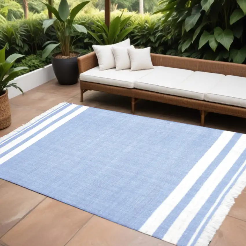 Blue Striped Handmade Stain Resistant Non Skid Indoor Outdoor Area Rug Photo 1