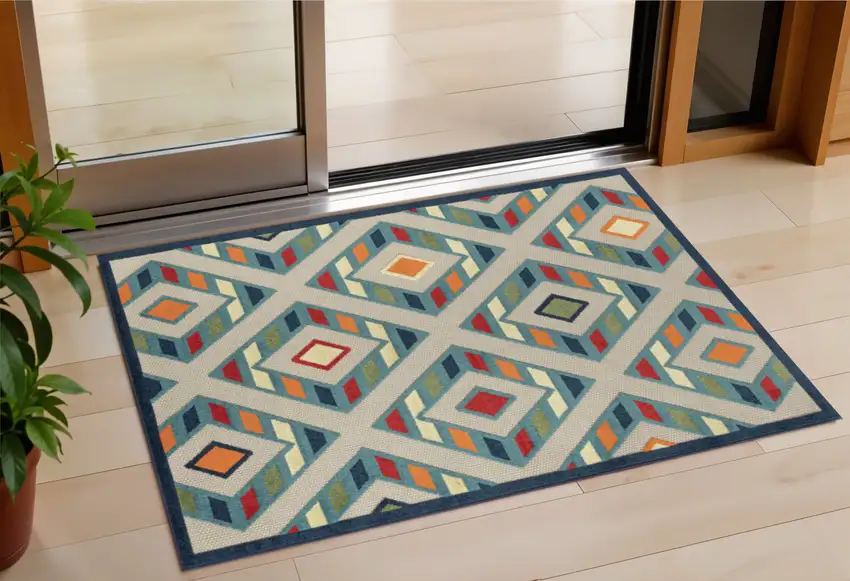 Blue Striped Non Skid Indoor Outdoor Area Rug Photo 1