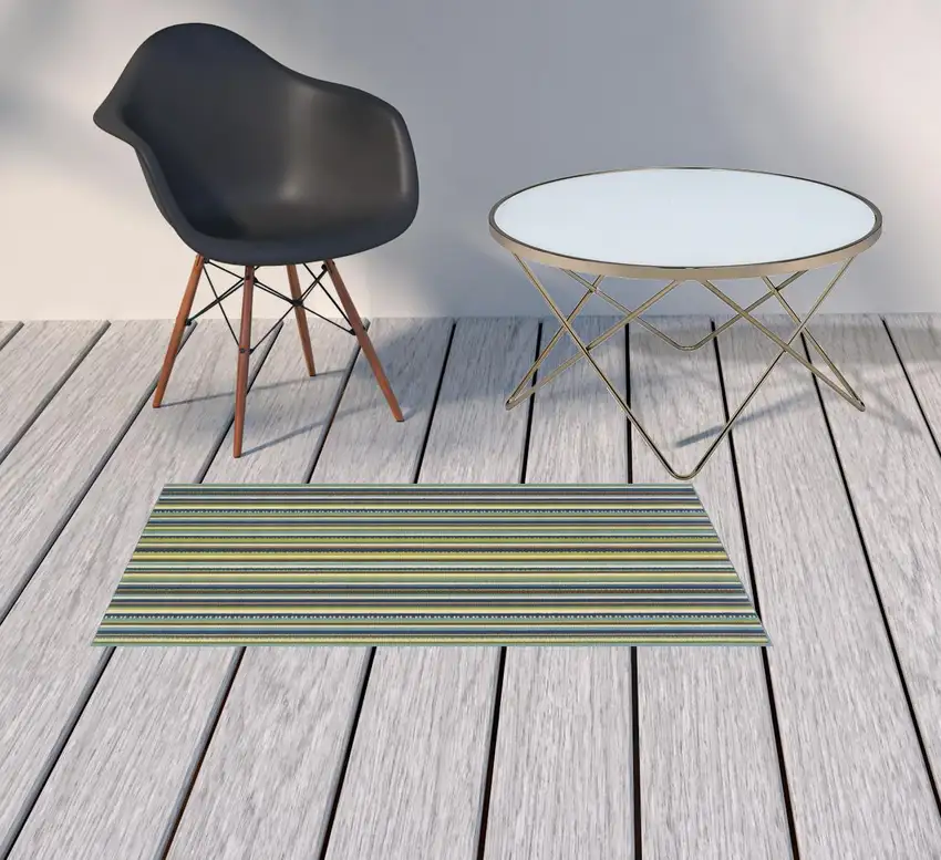 Blue Striped Stain Resistant Indoor Outdoor Area Rug Photo 2