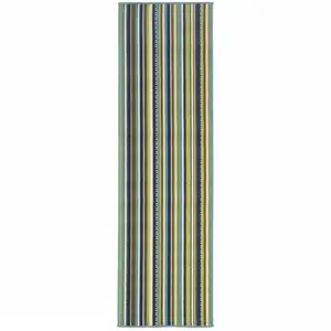 Photo of Blue Striped Stain Resistant Indoor Outdoor Area Rug
