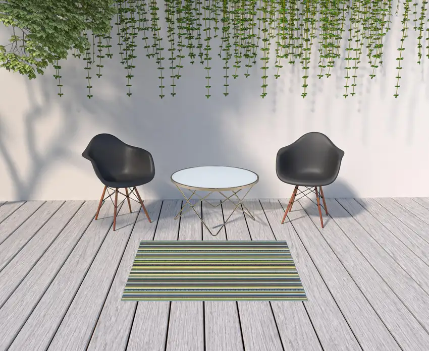 Blue Striped Stain Resistant Indoor Outdoor Area Rug Photo 2