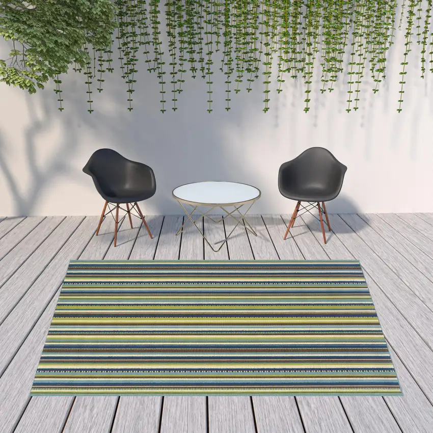 Blue Striped Stain Resistant Indoor Outdoor Area Rug Photo 2
