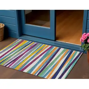 Photo of Blue Striped Washable Indoor Outdoor Area Rug