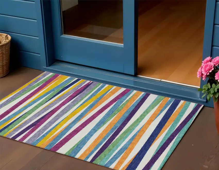Blue Striped Washable Indoor Outdoor Area Rug Photo 1
