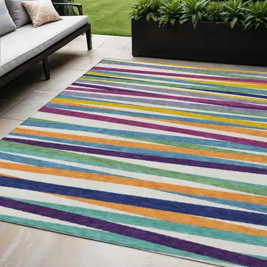 Blue Striped Washable Indoor Outdoor Area Rug Photo 1