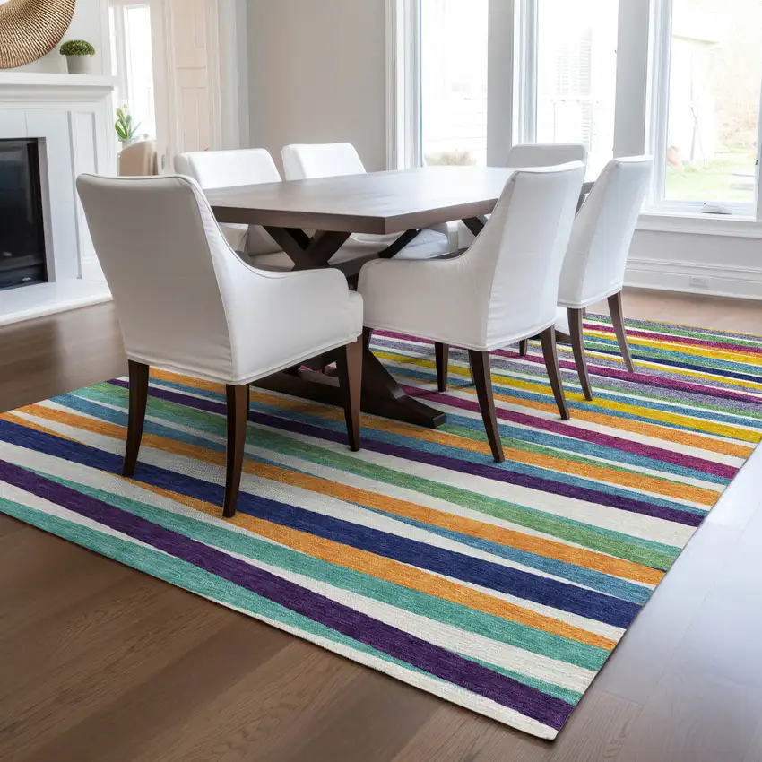 Blue Green And Copper Striped Washable Indoor Outdoor Area Rug Photo 9