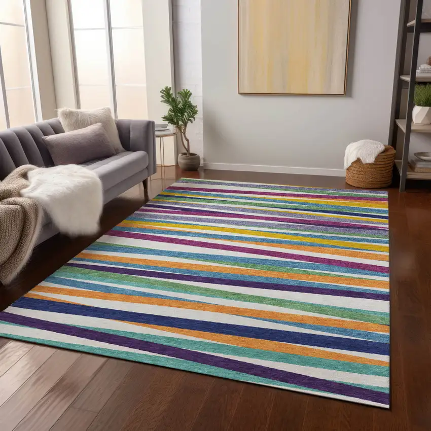 Blue Striped Washable Indoor Outdoor Area Rug Photo 9