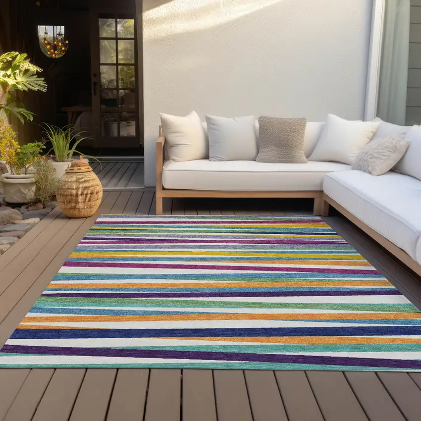 Blue Striped Washable Indoor Outdoor Area Rug Photo 7