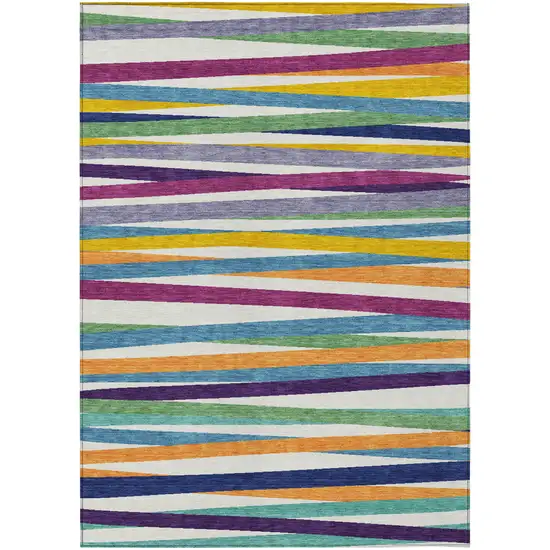 Blue Striped Washable Indoor Outdoor Area Rug Photo 2