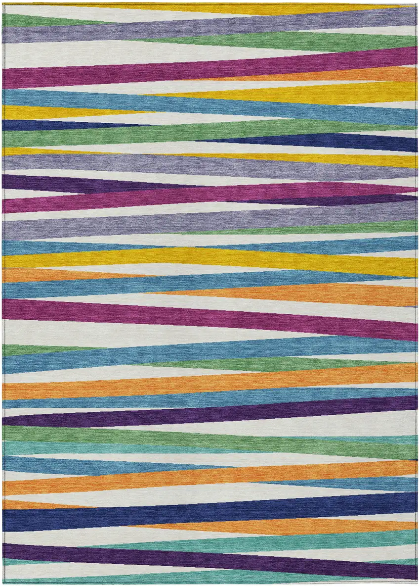 Blue Striped Washable Indoor Outdoor Area Rug Photo 2