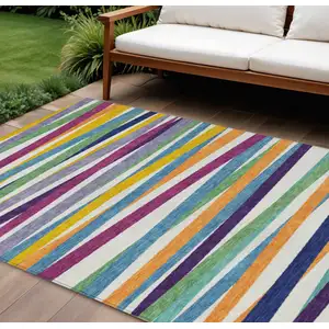 Photo of Blue Striped Washable Indoor Outdoor Area Rug