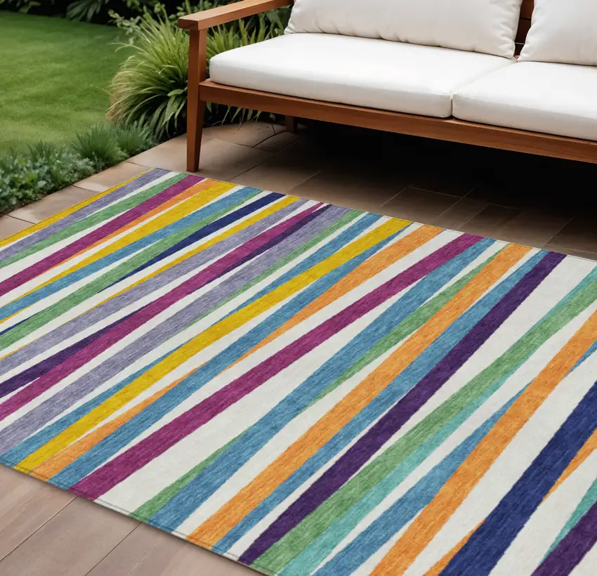 Blue Striped Washable Indoor Outdoor Area Rug Photo 1