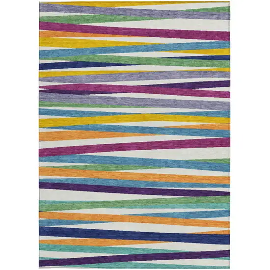 Blue Striped Washable Indoor Outdoor Area Rug Photo 6