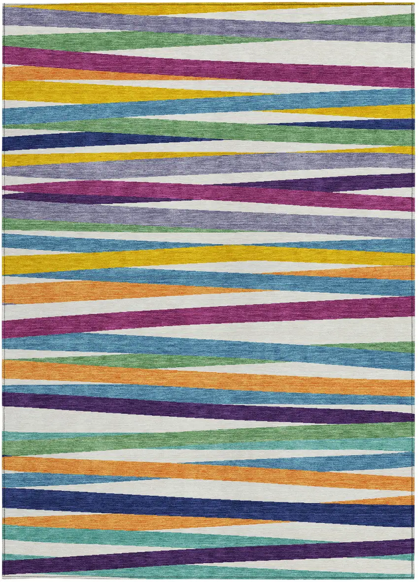 Blue Striped Washable Indoor Outdoor Area Rug Photo 6