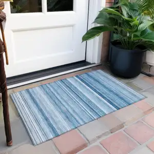 Photo of Blue Striped Washable Non Skid Indoor Outdoor Area Rug