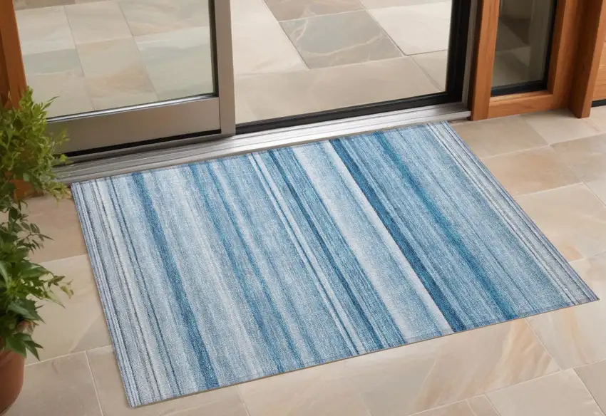 Blue Striped Washable Non Skid Indoor Outdoor Area Rug Photo 1