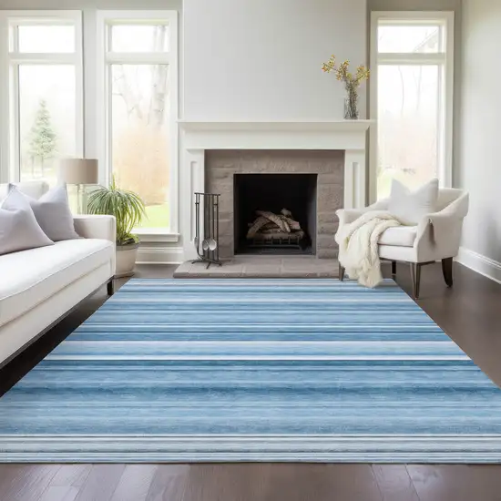 Blue Striped Washable Non Skid Indoor Outdoor Area Rug Photo 9