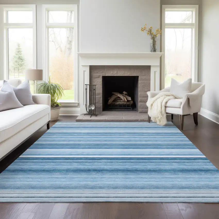 Blue Striped Washable Non Skid Indoor Outdoor Area Rug Photo 9