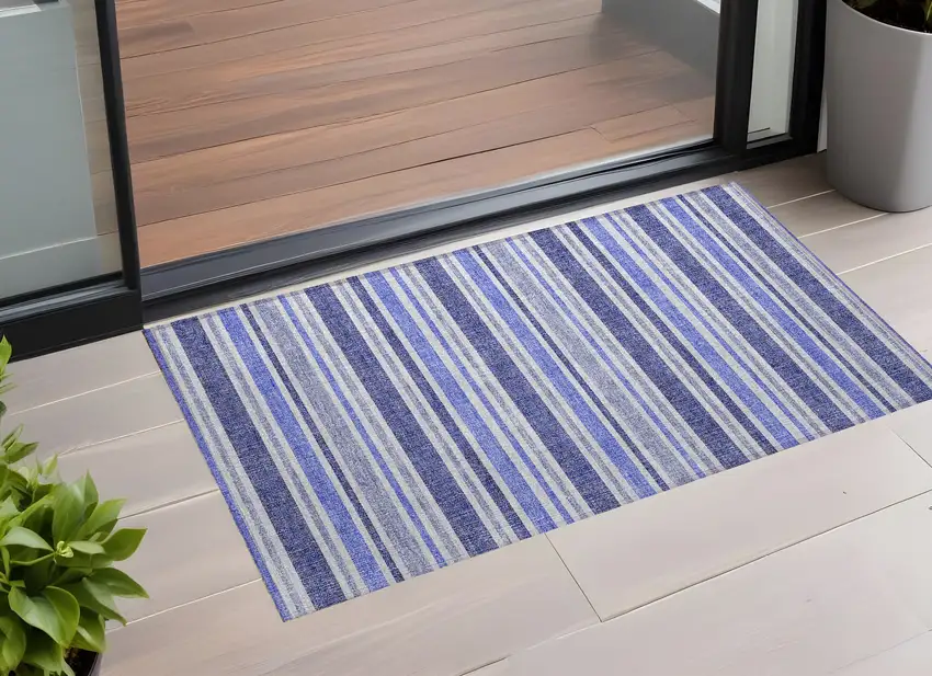 Blue Striped Washable Non Skid Indoor Outdoor Area Rug Photo 1