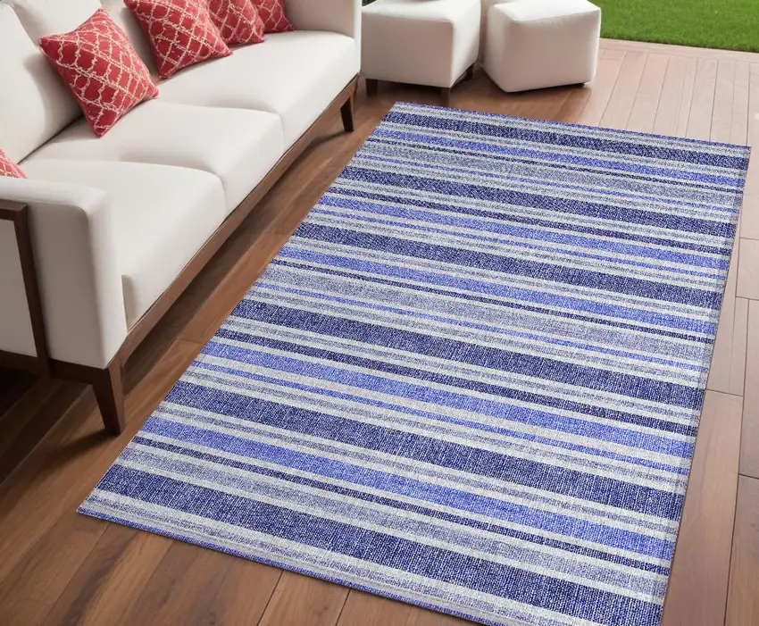 Blue Striped Washable Non Skid Indoor Outdoor Area Rug Photo 1