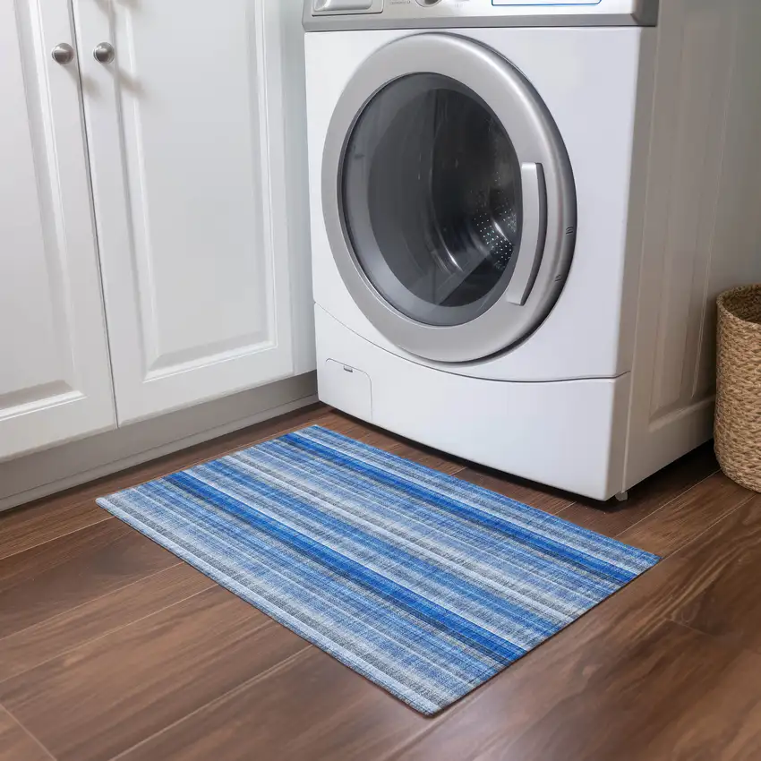 Blue Striped Washable Non Skid Indoor Outdoor Area Rug Photo 9