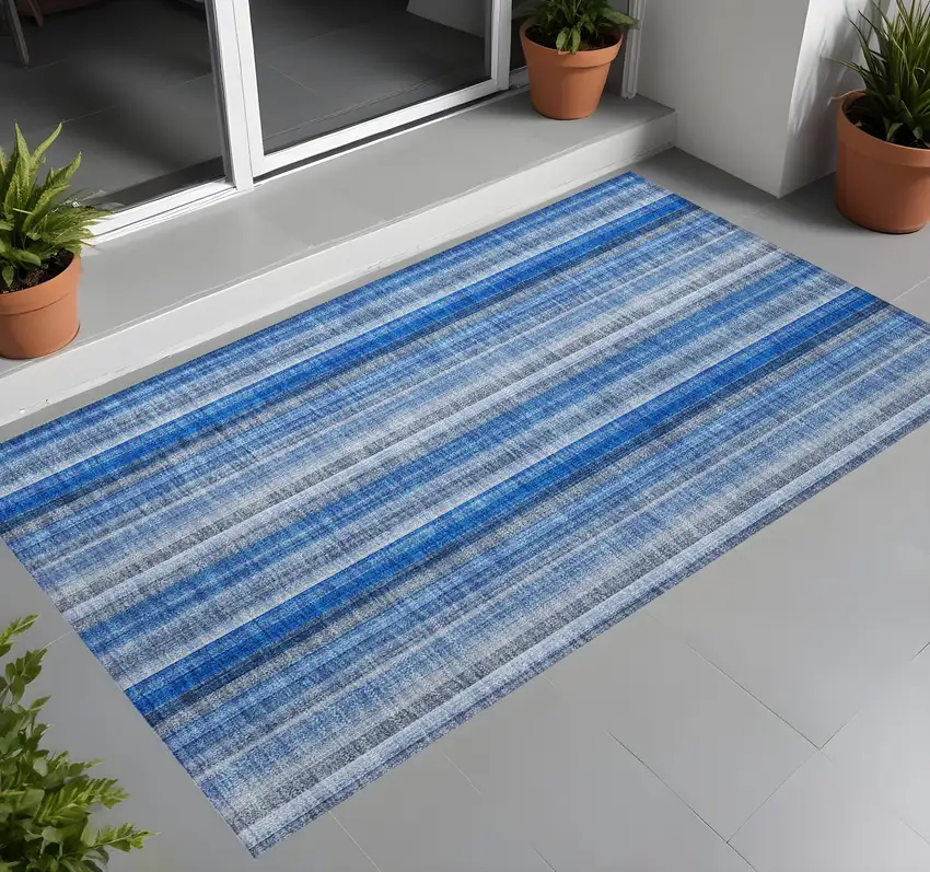 Blue Striped Washable Non Skid Indoor Outdoor Area Rug Photo 1