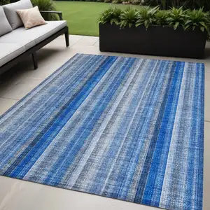 Photo of Blue Striped Washable Non Skid Indoor Outdoor Area Rug