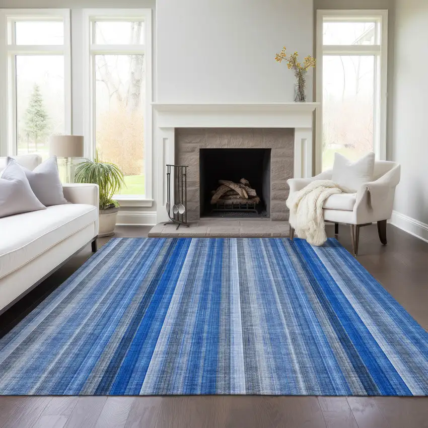 Blue Striped Washable Non Skid Indoor Outdoor Area Rug Photo 9