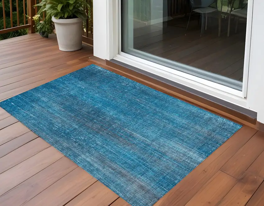 Blue Striped Washable Non Skid Indoor Outdoor Area Rug Photo 1