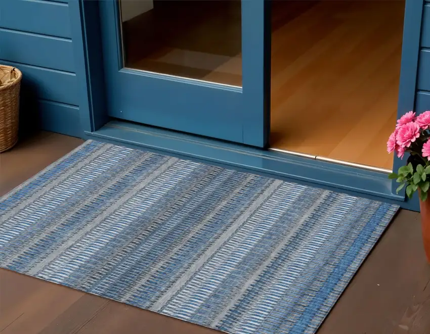 Blue Striped Washable Non Skid Indoor Outdoor Area Rug Photo 1