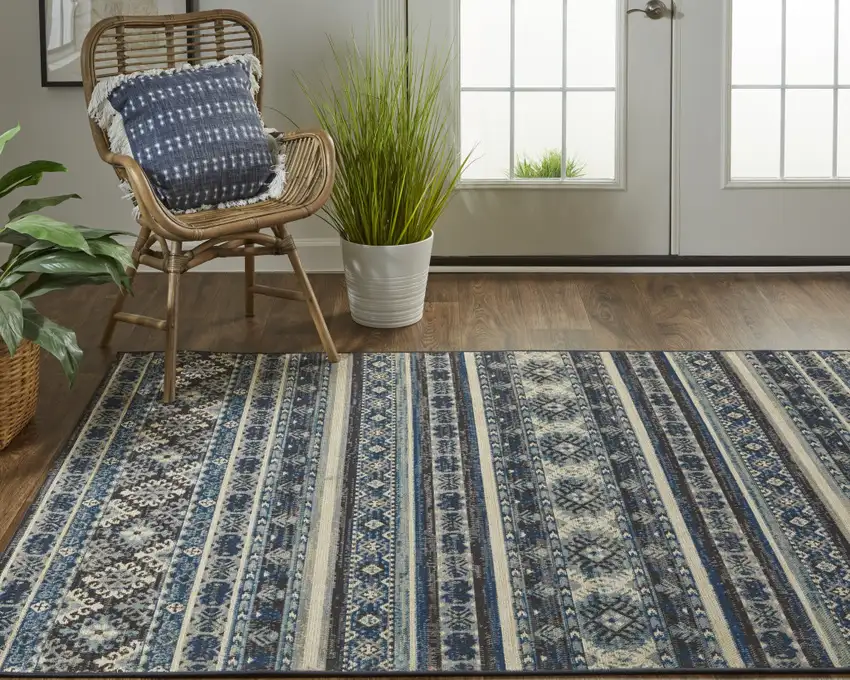 Blue Tan And Black Geometric Power Loom Distressed Stain Resistant Area Rug Photo 9